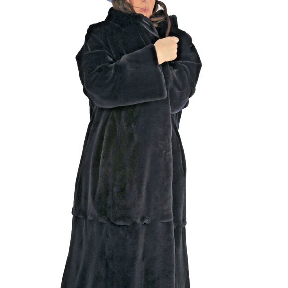 Bob Mackie Sheared Mink Fur Long Hooded Coat Vintage Midnight Blue Luxury Size L - Picture 8 of 16